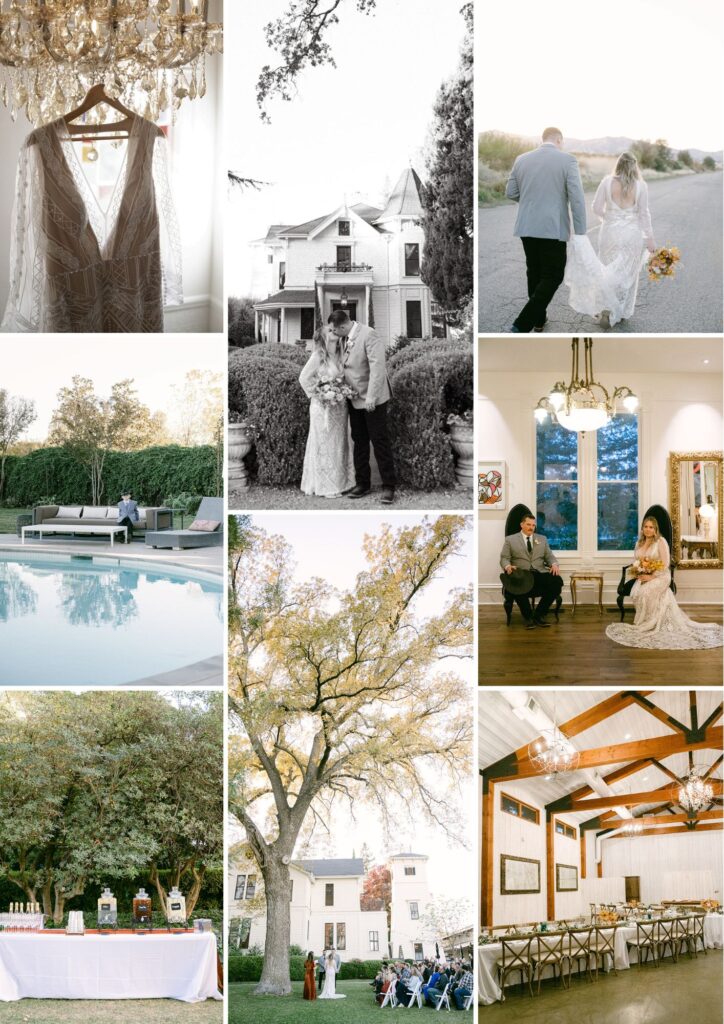 Collage of images showing the pool, interior staircase, layout of dance floor, couple in front of farmhouse and sunset moment at park winters
