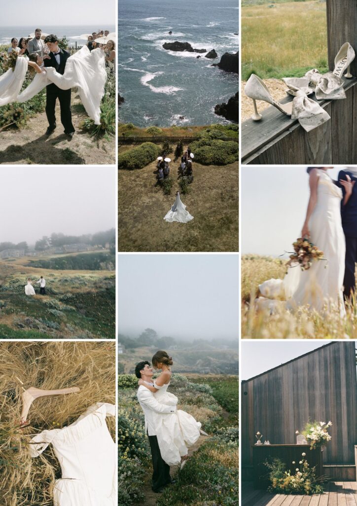collage of images showing a wedding couple walking on cliff at see ranch lodge, drone photo of ceremony site, film photo of couple hold arms in a field, dress laying in a field, couple embracing in a field at the lodge and cocktail decor set up of the wedding