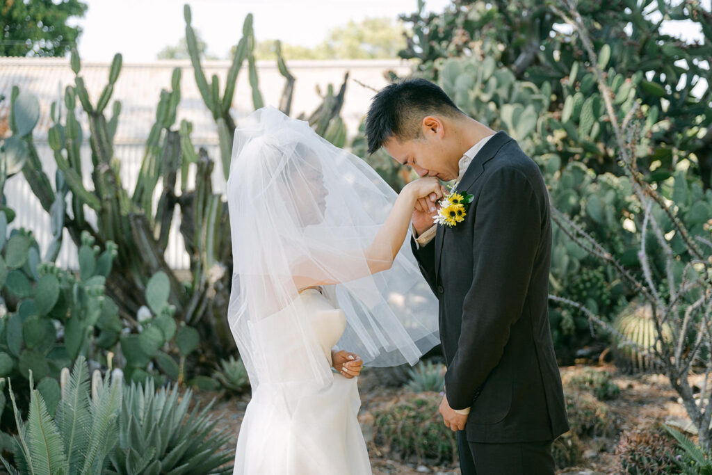 Couple during a first look at Ruth Bancroft Gardens