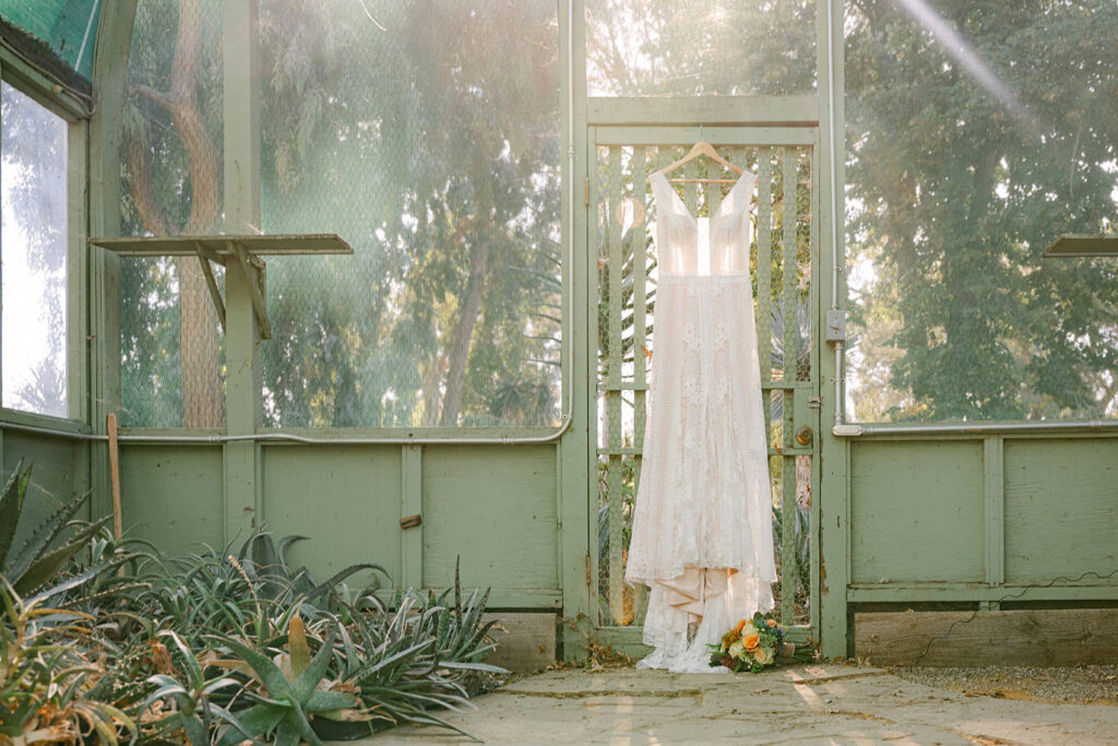 wedding dress hanging in ruth bancroft garden